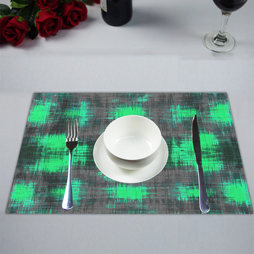 psychedelic geometric plaid abstract pattern in green and black Placemat 14’’ x 19’’ (Set of 2)