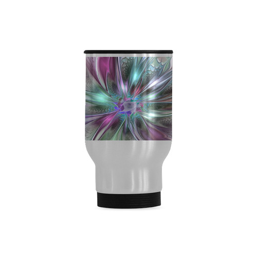 Colorful Fantasy Abstract Modern Fractal Flower Travel Mug (Silver) (14 Oz)