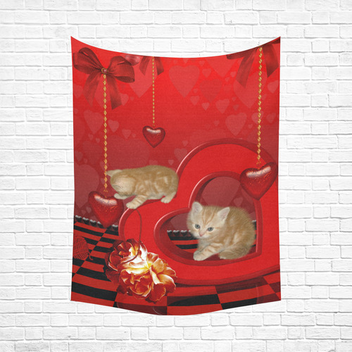 Cute kitten with hearts Cotton Linen Wall Tapestry 60"x 80"