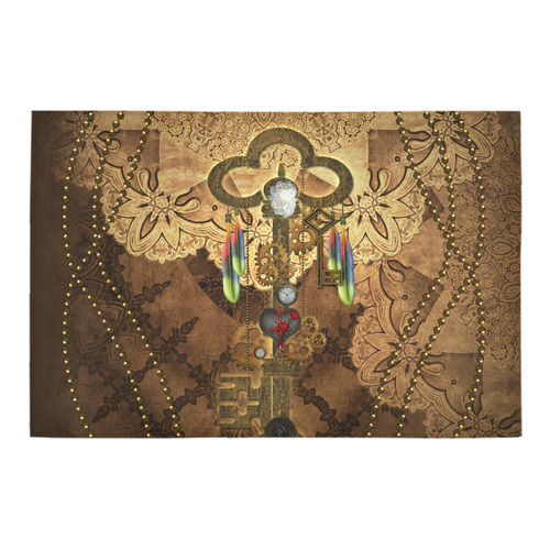 Steampunk, key with clocks, gears and feathers Azalea Doormat 24" x 16" (Sponge Material)