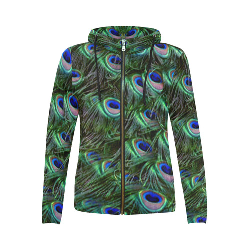 Peacock Feathers All Over Print Full Zip Hoodie for Women (Model H14)