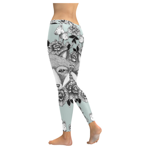 woodlands - fox and flowers pattern Women's Low Rise Leggings (Invisible Stitch) (Model L05)