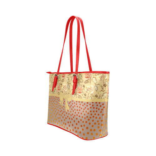 Vintage Roses Polka Dots Ribbon - Red Gold Leather Tote Bag/Large (Model 1651)