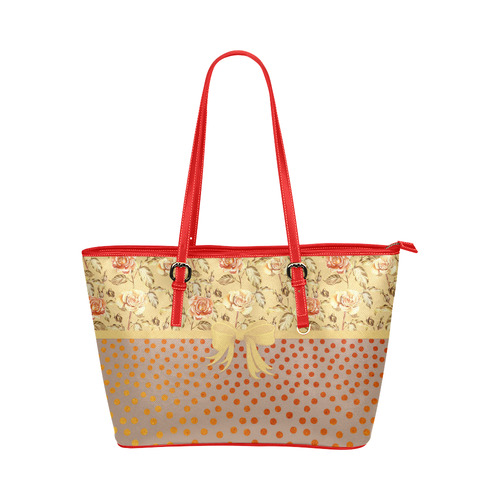 Vintage Roses Polka Dots Ribbon - Red Gold Leather Tote Bag/Large (Model 1651)