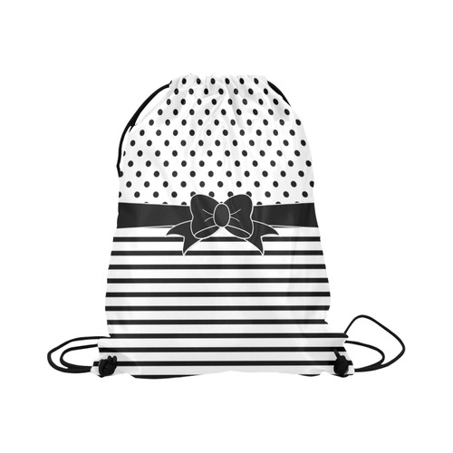 Polka Dots Stripes black white Comic Ribbon black Large Drawstring Bag Model 1604 (Twin Sides)  16.5"(W) * 19.3"(H)