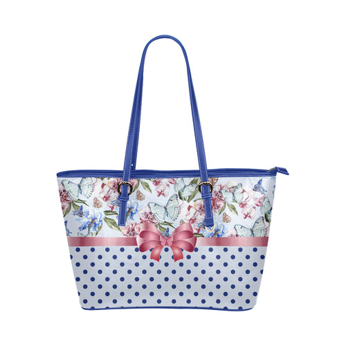 Watercolor Flowers Butterflies Polka Dots Ribbon B Leather Tote Bag/Small (Model 1651)