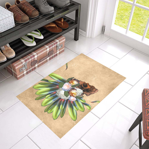 Amazing skull with feathers and flowers Azalea Doormat 24" x 16" (Sponge Material)