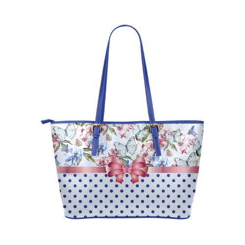 Watercolor Flowers Butterflies Polka Dots Ribbon B Leather Tote Bag/Small (Model 1651)