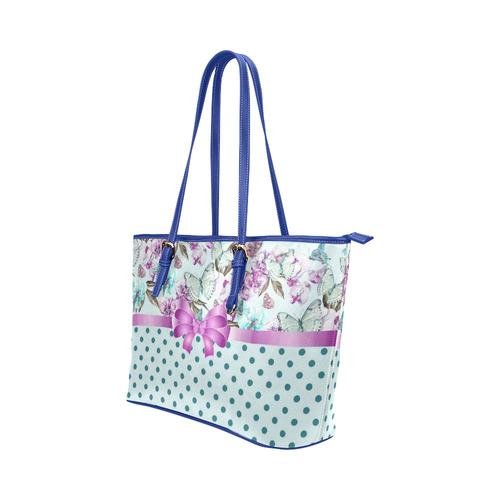 Watercolor Flowers Butterflies Polka Dots Ribbon T Leather Tote Bag/Small (Model 1651)