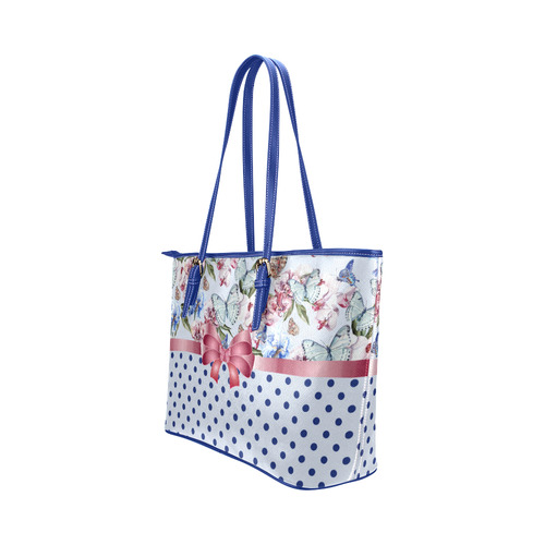 Watercolor Flowers Butterflies Polka Dots Ribbon B Leather Tote Bag/Small (Model 1651)