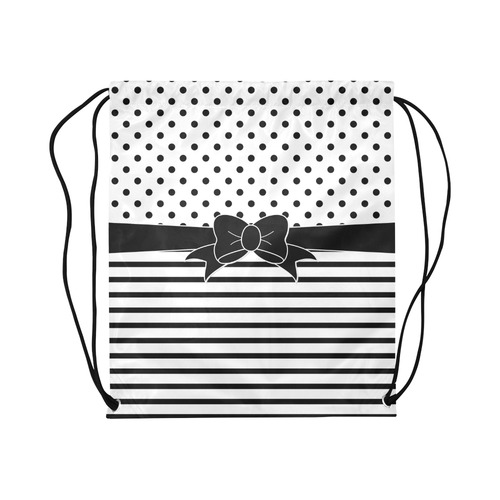 Polka Dots Stripes black white Comic Ribbon black Large Drawstring Bag Model 1604 (Twin Sides)  16.5"(W) * 19.3"(H)