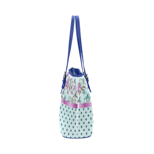 Watercolor Flowers Butterflies Polka Dots Ribbon T Leather Tote Bag/Small (Model 1651)