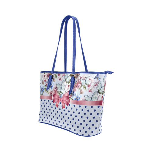 Watercolor Flowers Butterflies Polka Dots Ribbon B Leather Tote Bag/Small (Model 1651)