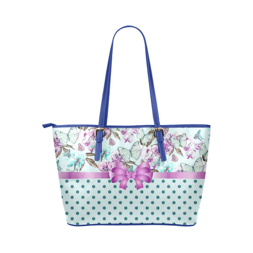 Watercolor Flowers Butterflies Polka Dots Ribbon T Leather Tote Bag/Small (Model 1651)