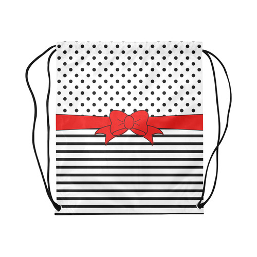 Polka Dots Stripes black white Comic Ribbon red Large Drawstring Bag Model 1604 (Twin Sides)  16.5"(W) * 19.3"(H)