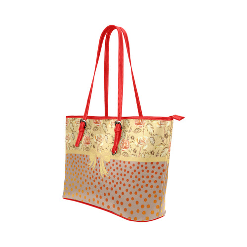 Vintage Roses Polka Dots Ribbon - Red Gold Leather Tote Bag/Large (Model 1651)