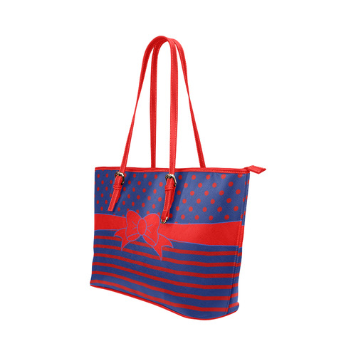 Polka Dots Stripes Comic Ribbon blue red Leather Tote Bag/Small (Model 1651)
