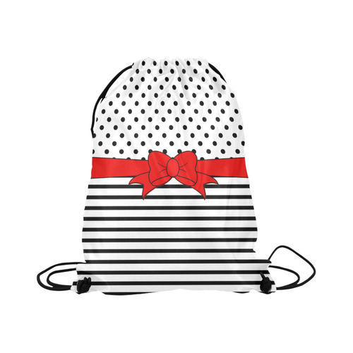 Polka Dots Stripes black white Comic Ribbon red Large Drawstring Bag Model 1604 (Twin Sides)  16.5"(W) * 19.3"(H)