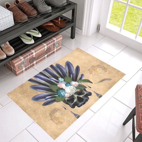 Cool skull with feathers and flowers Azalea Doormat 30" x 18" (Sponge Material)