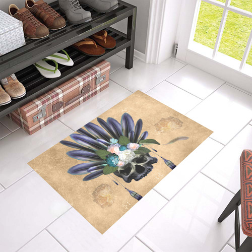 Cool skull with feathers and flowers Azalea Doormat 24" x 16" (Sponge Material)