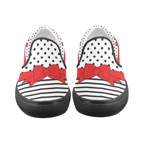 Polka Dots Stripes black white Comic Ribbon red Women's Slip-on Canvas Shoes/Large Size (Model 019)