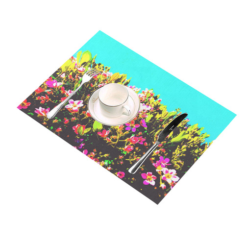 pink flowers with green leaves and blue background Placemat 14’’ x 19’’ (Six Pieces)