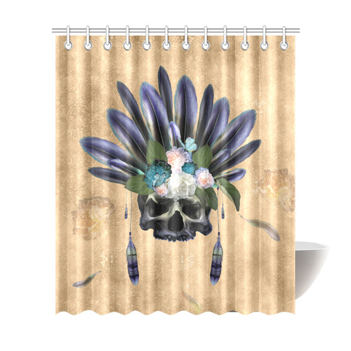 Cool skull with feathers and flowers Shower Curtain 72"x84"
