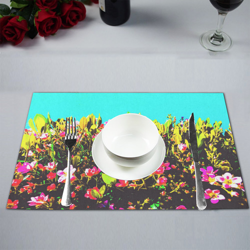 pink flowers with green leaves and blue background Placemat 12’’ x 18’’ (Two Pieces)