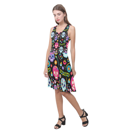 Day of the Dead Sugar Skull Floral Pattern Atalanta Casual Sundress(Model D04)