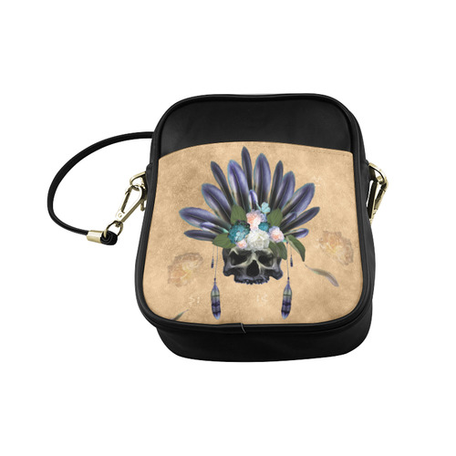 Cool skull with feathers and flowers Sling Bag (Model 1627)
