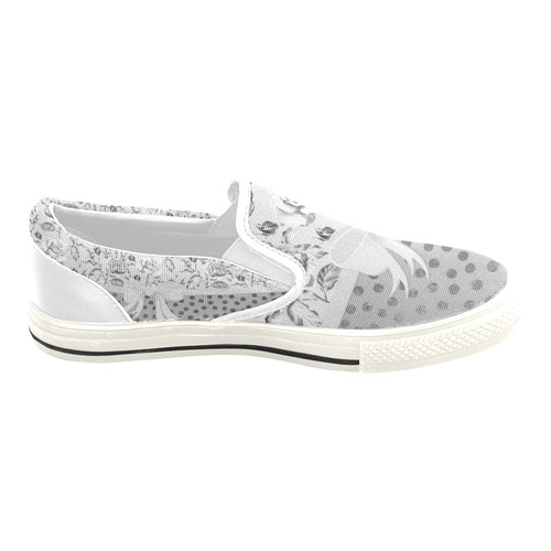Vintage Roses Polka Dots Ribbon - Grey Silver Women's Slip-on Canvas Shoes/Large Size (Model 019)
