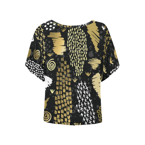 Black Gold Elegant Abstract Pattern Women's Batwing-Sleeved Blouse T shirt (Model T44)