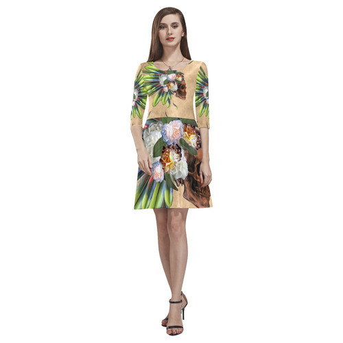 Amazing skull with feathers and flowers Tethys Half-Sleeve Skater Dress(Model D20)