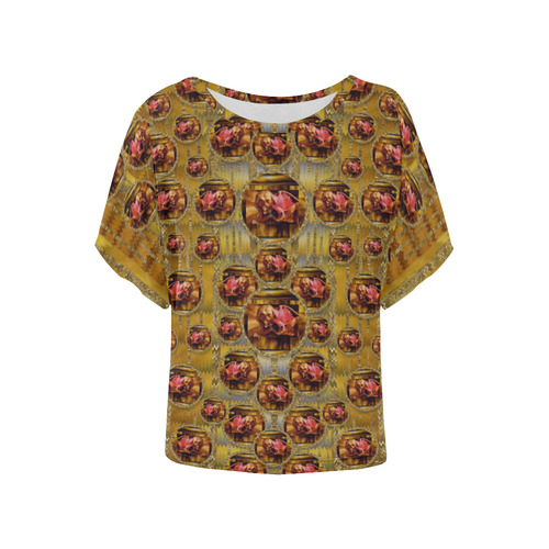 Angels in gold and flowers of paradise rocks Women's Batwing-Sleeved Blouse T shirt (Model T44)