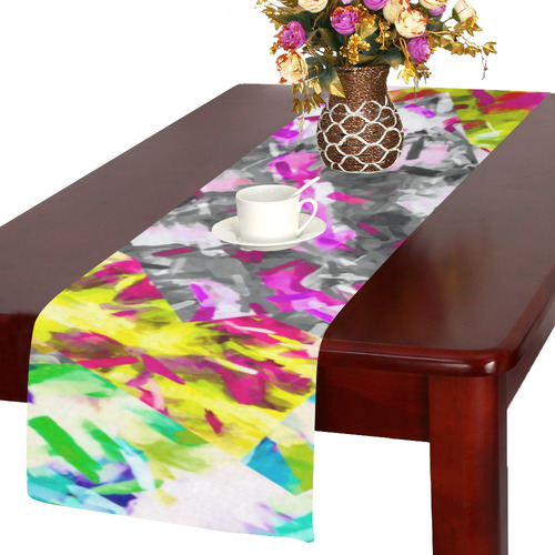camouflage psychedelic splash painting abstract in pink blue yellow green purple Table Runner 14x72 inch