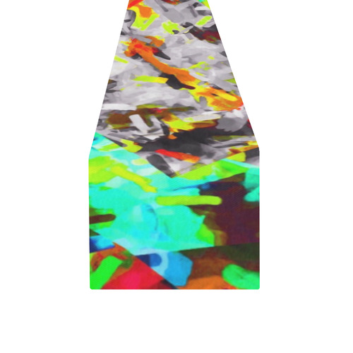 camouflage psychedelic splash painting abstract in blue green orange pink brown Table Runner 14x72 inch