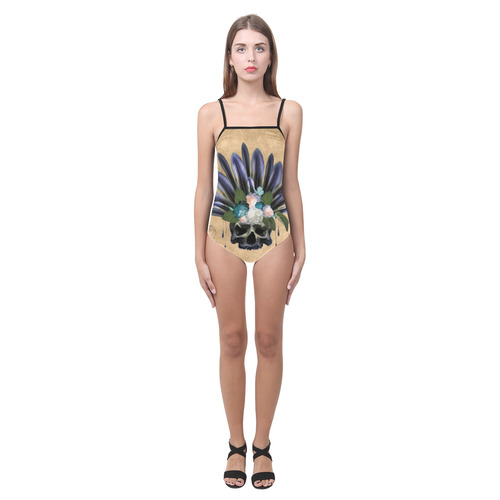 Cool skull with feathers and flowers Strap Swimsuit ( Model S05)