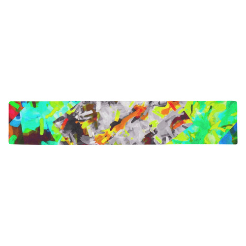 camouflage psychedelic splash painting abstract in blue green orange pink brown Table Runner 14x72 inch