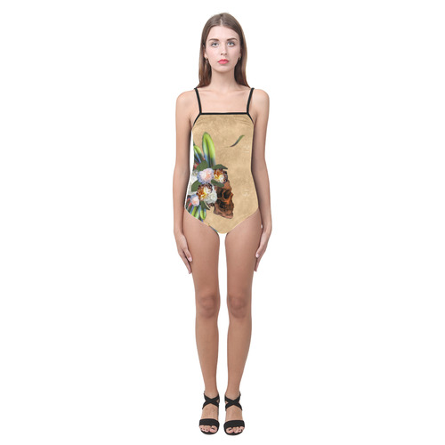 Amazing skull with feathers and flowers Strap Swimsuit ( Model S05)