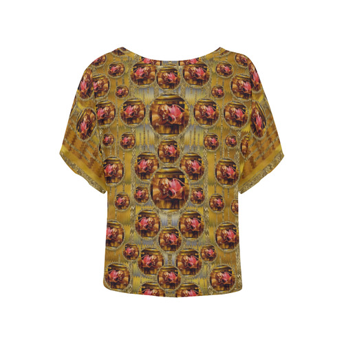 Angels in gold and flowers of paradise rocks Women's Batwing-Sleeved Blouse T shirt (Model T44)