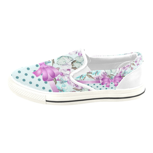 Watercolor Flowers Butterflies Polka Dots Ribbon T Women's Slip-on Canvas Shoes/Large Size (Model 019)