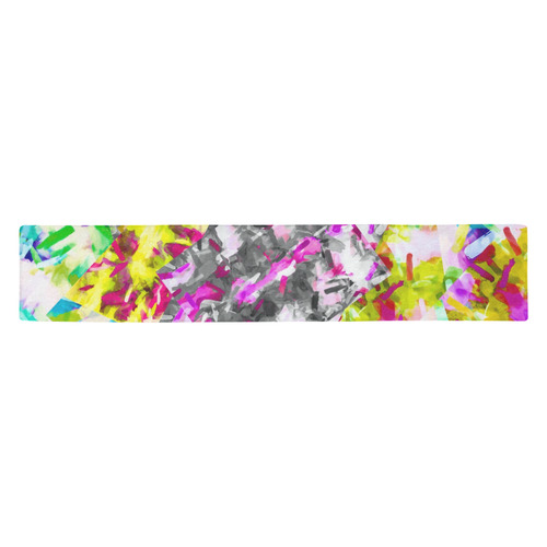 camouflage psychedelic splash painting abstract in pink blue yellow green purple Table Runner 14x72 inch