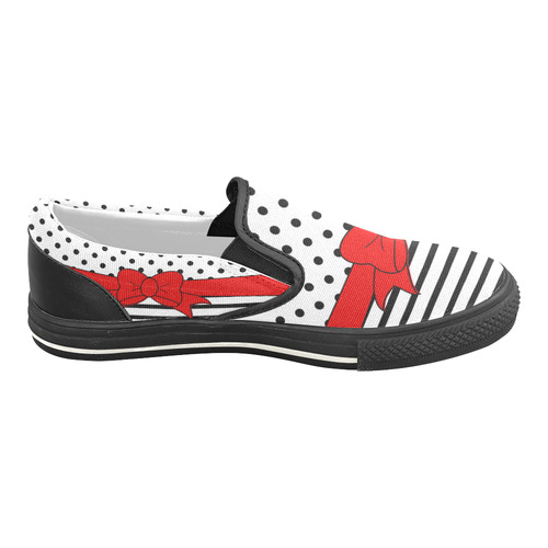 Polka Dots Stripes black white Comic Ribbon red Women's Slip-on Canvas Shoes/Large Size (Model 019)