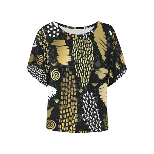 Black Gold Elegant Abstract Pattern Women's Batwing-Sleeved Blouse T shirt (Model T44)
