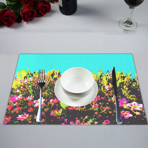 pink flowers with green leaves and blue background Placemat 14’’ x 19’’ (Six Pieces)