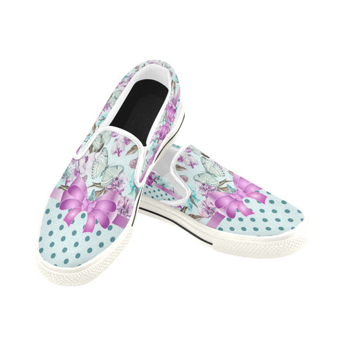 Watercolor Flowers Butterflies Polka Dots Ribbon T Women's Slip-on Canvas Shoes/Large Size (Model 019)