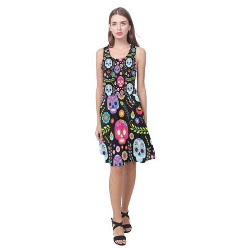 Day of the Dead Sugar Skull Floral Pattern Atalanta Casual Sundress(Model D04)