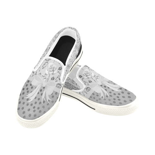 Vintage Roses Polka Dots Ribbon - Grey Silver Women's Slip-on Canvas Shoes/Large Size (Model 019)