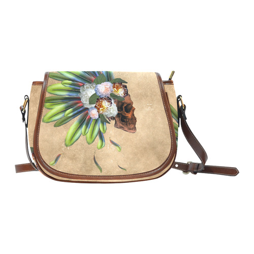 Amazing skull with feathers and flowers Saddle Bag/Small (Model 1649) Full Customization