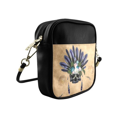 Cool skull with feathers and flowers Sling Bag (Model 1627)